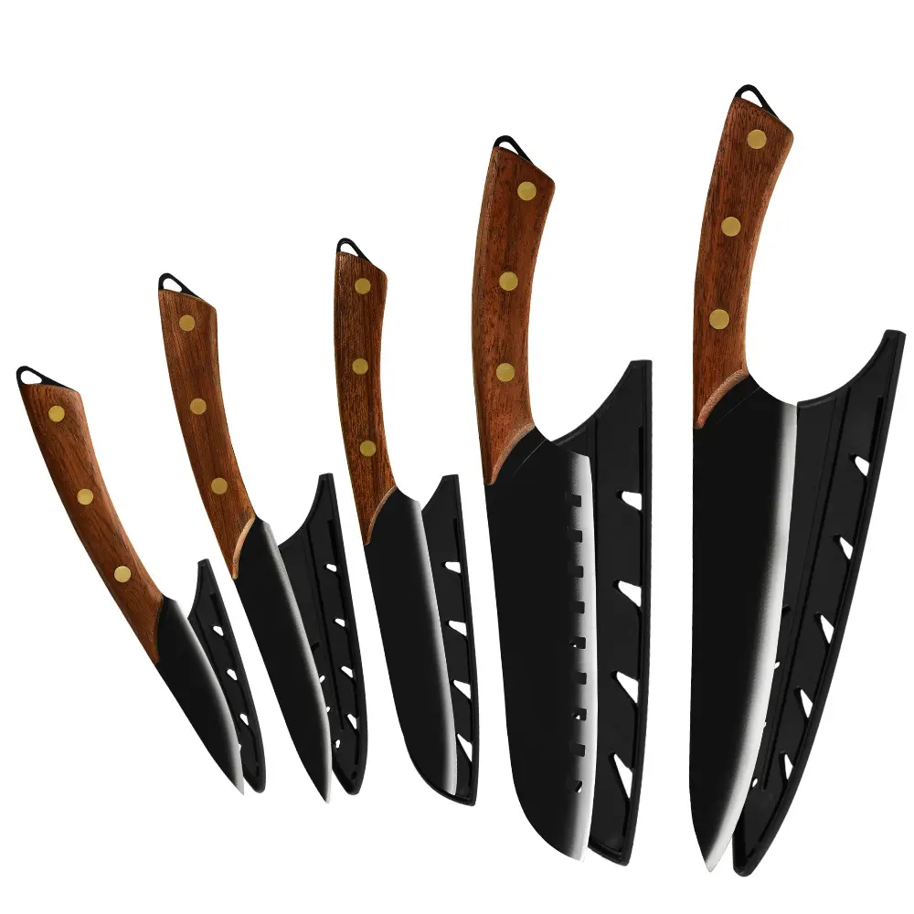 Wholesale OEM Full Tang Fixed Blade 5pcs Wood Handle Ultra Sharp 3cr13 Stainless Steel Japanese Hunting Butcher Chef Knife Set