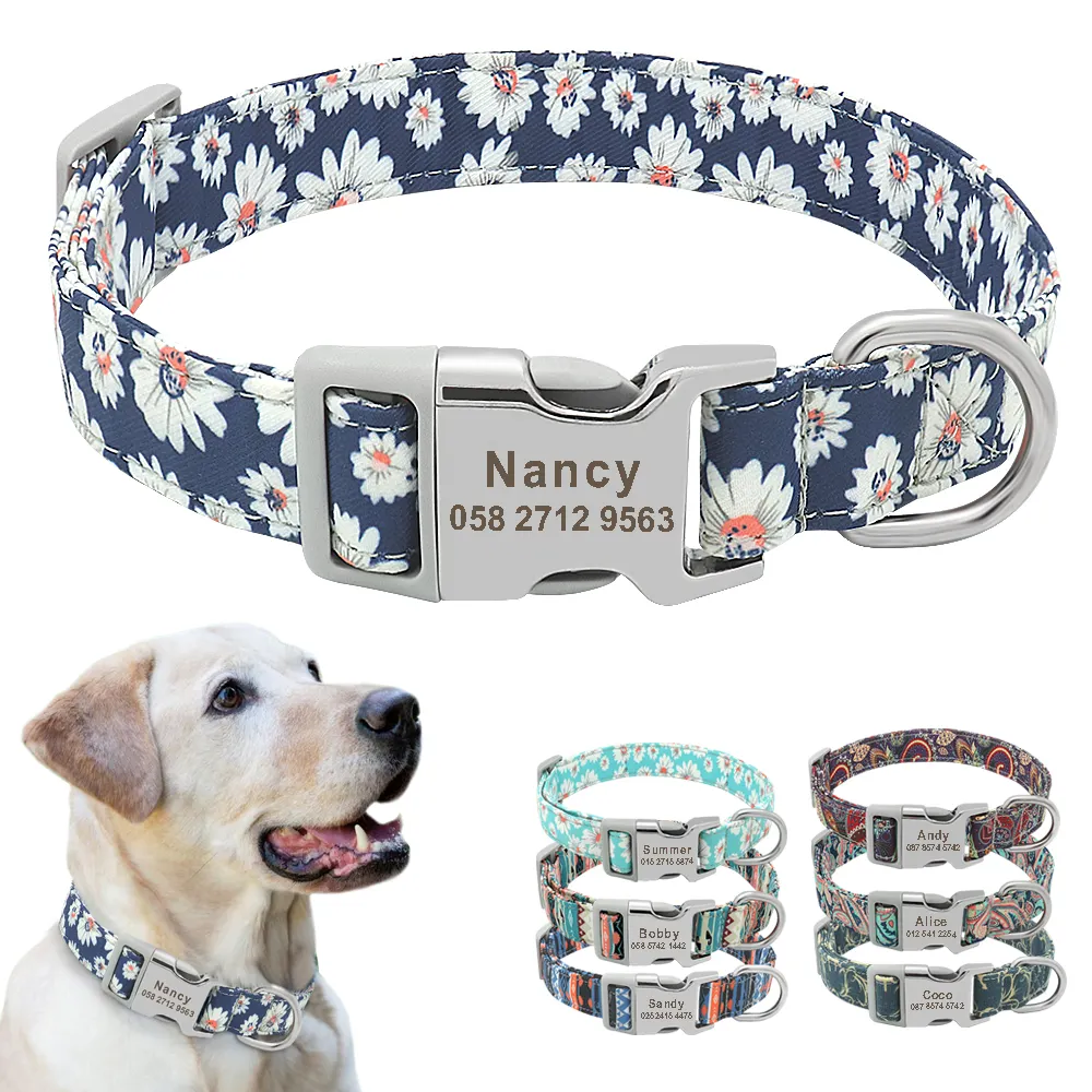 Collare per cuccioli di animali domestici con incisione floreale collari con nome personalizzato stampa collare per cani personalizzato nastri in Nylon cani gatti piccoli animali