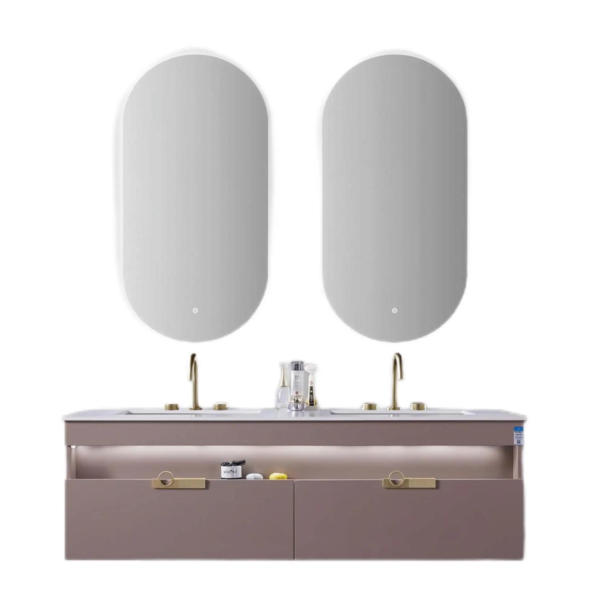 Gabinete de personalización de alta calidad, tocador de baño, tapa de mármol de cerámica, lavabo doble, unidades de tocador con espejo led