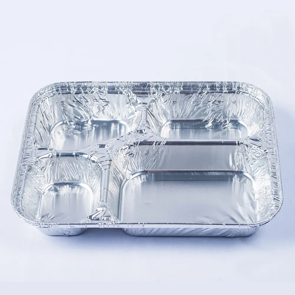 Kotak makan siang kartu wadah makanan Aluminium Foil sekali pakai 4 kompartemen 750ml paket makanan Ningbo baki Aluminium penuh keriting 35mm