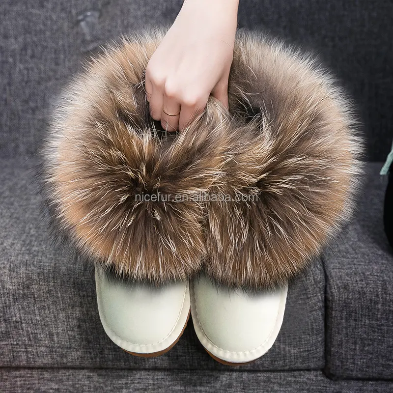 Wholesale Fashion Winter Women Boots Ladies Fur Snow Boots Round Toe Raccoon Fur Cow Leather Warm Anti-slip Fur Boots