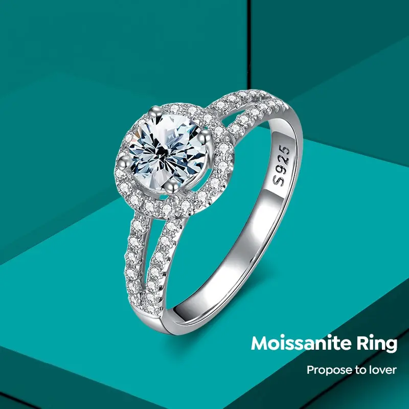 Mode Gra Diamant Moissanite 2 Rij Halo Ring 925 Sterling Zilver 18K Wit Goud 1 2 Ct Karaat Vvs Voor Vrouwen Verloving Sieraden