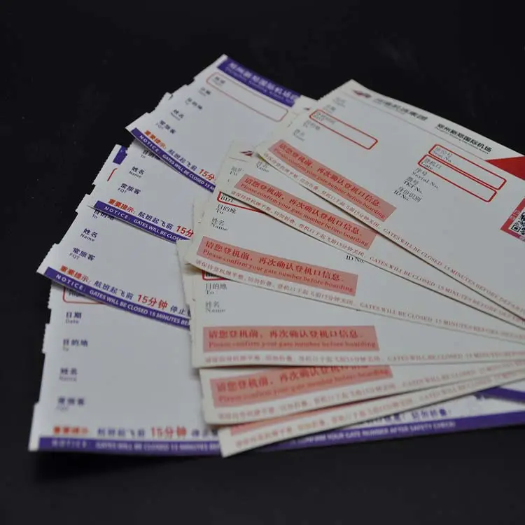 Havayolu baskılı termal biniş kartı kağıt termal uçak bileti havayolu bagaj etiketleri özel kağıt piyango bileti özel boyut