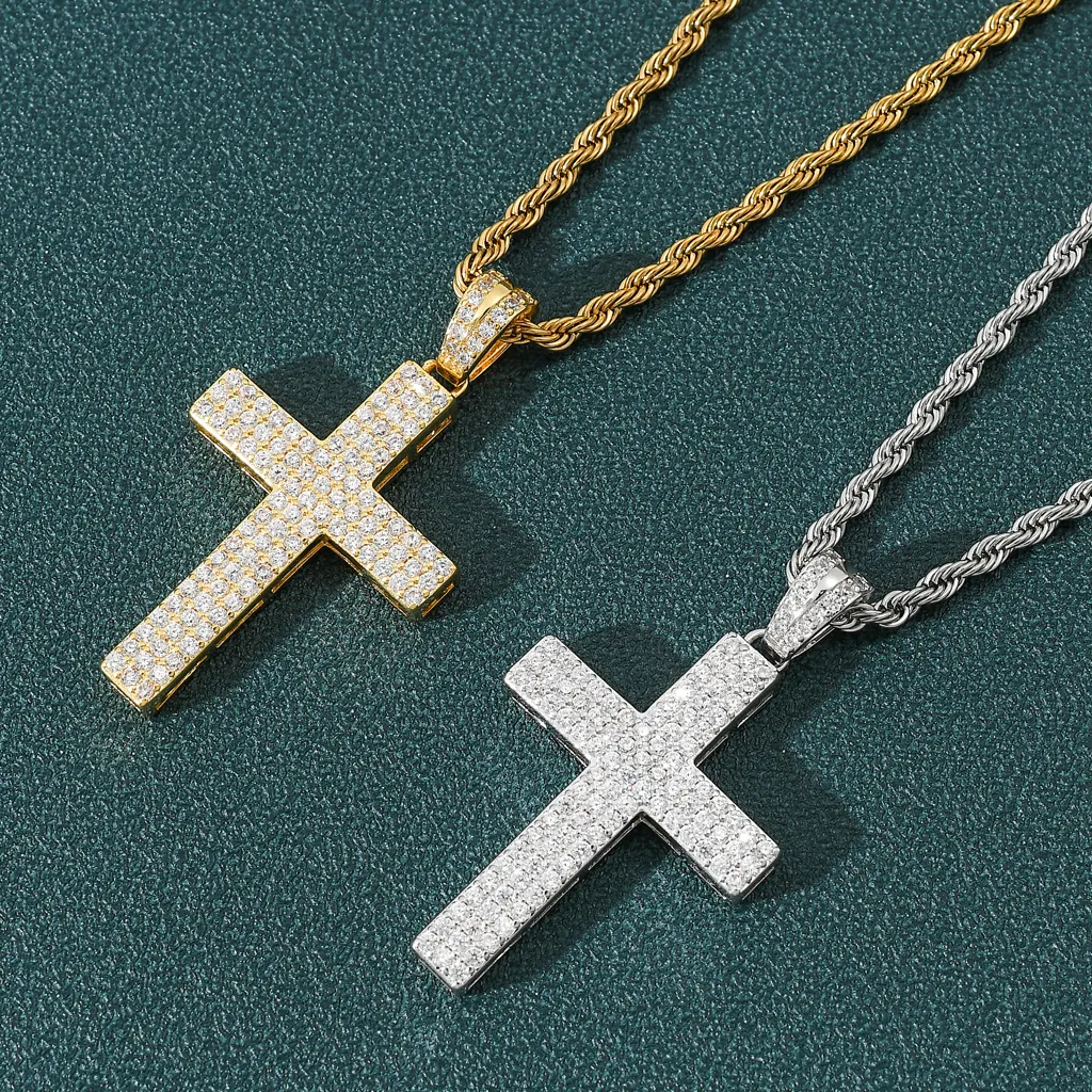 K352-joyería religiosa de Cruz para hombre, colgante de diamante de circonita cúbica de tres filas, de Latón chapado en oro blanco