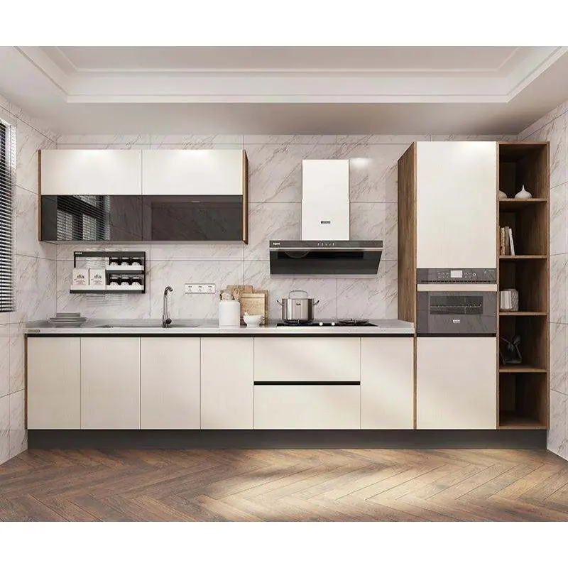 OPPEIN-juego completo de muebles de cocina personalizado, armarios de Pvc de madera contrachapada prefabricada, color gris y blanco