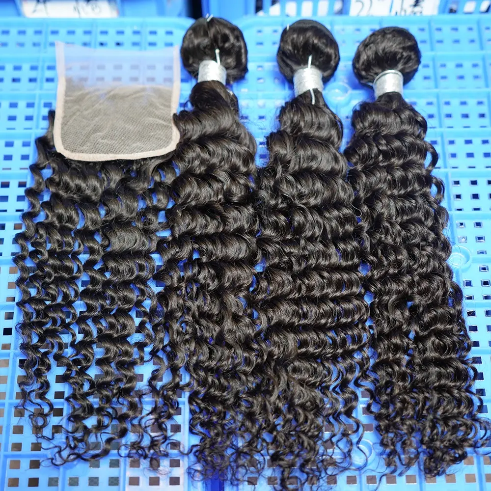 Groothandel Krullend 20Inch 7Pcs 6 + 1 Een Pack Oplossing Human Hair Blend Packet Menselijk Haar Pakket Haar met Sluiting