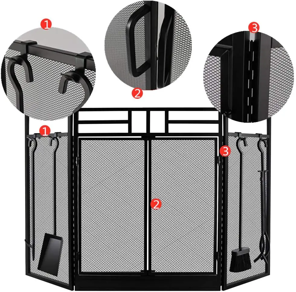 Fireplace Screen with Doors Large Flat Guard Fire Screens With Tools Outdoor Metal Decorative Mesh Solid Baby Safe