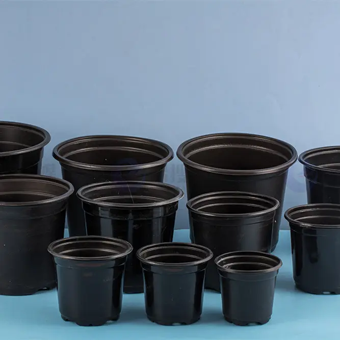 Vaso de planta de plástico preto, de alta qualidade, decorativo, para jardim, com furo de drenagem, vasos de plástico pretos