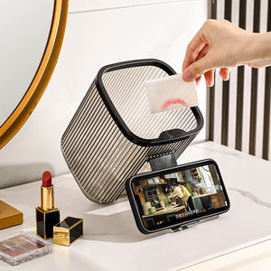 <span class=keywords><strong>Mini</strong></span> cubo de basura cuadrado de escritorio transparente cubo de basura de almacenamiento de mesa con soporte para teléfono
