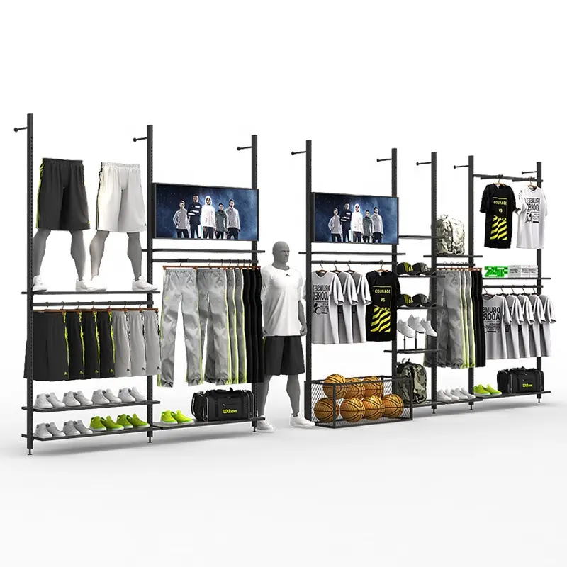 Estante de exhibición de ropa, estante de madera y metal montado en la pared, tienda de zapatos deportivos, idea de diseño interior