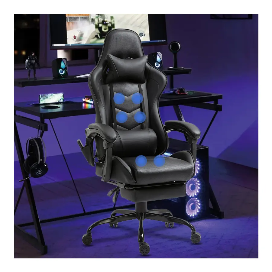 Cadeira de jogos com logotipo personalizado Cadeira de jogos de massagem ergonômica reclinável em couro PU preto para jogos de computador