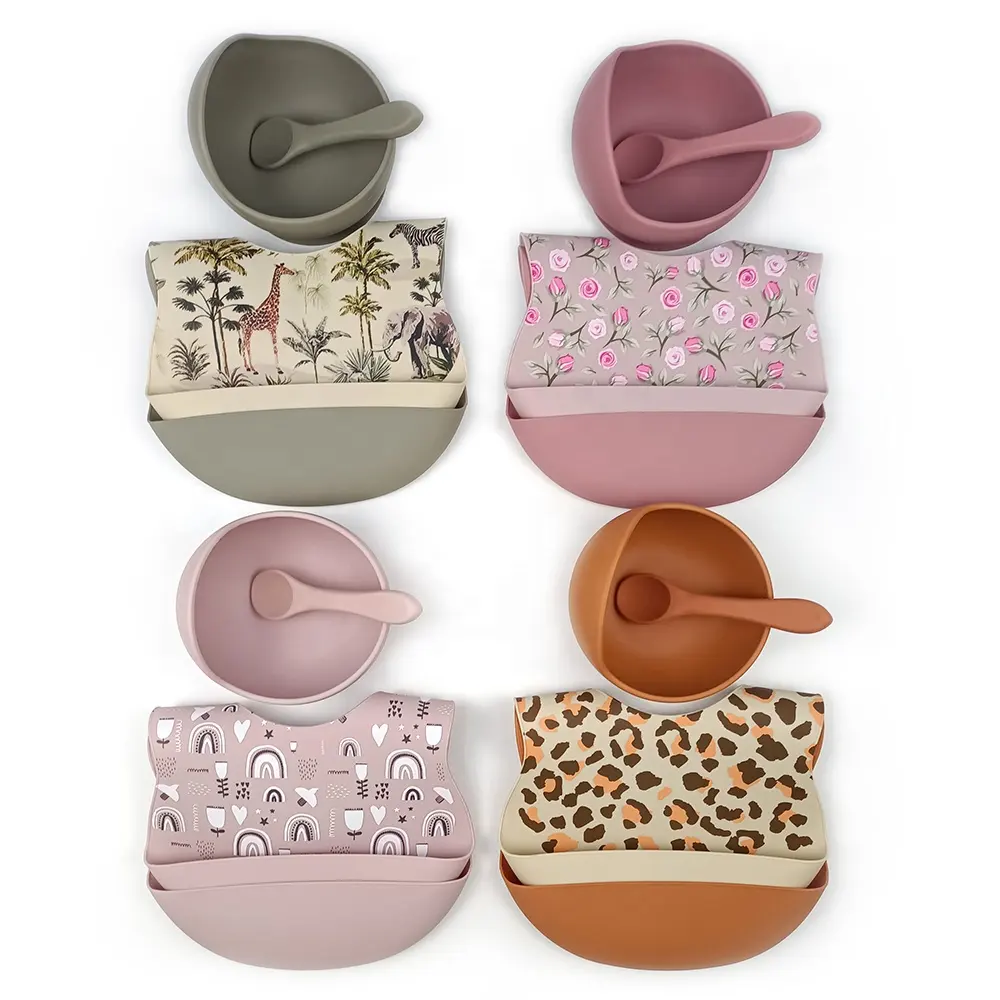 Ensemble d'alimentation étanche en Silicone pour bébé avec motif bavoirs bol et cuillère pour bébé