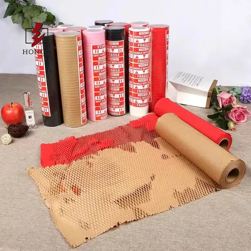HONGE-rollo de papel Kraft Biodegradable para envolver regalos, embalaje de panal de abeja, perforado, marrón, reciclado, gran oferta