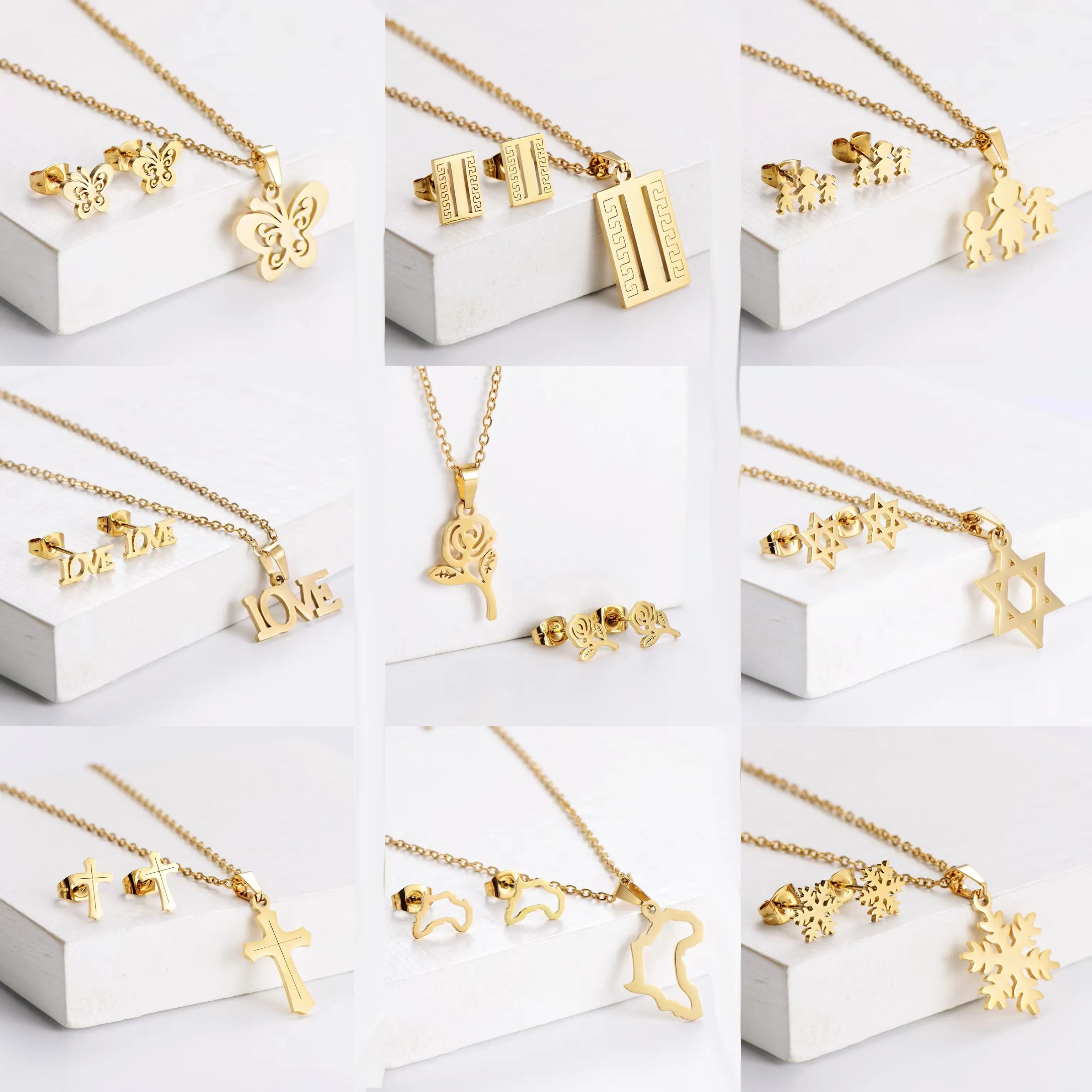 Conjunto de joyería de moda para mujer, collar y pendientes minimalistas de oro de 18 quilates de acero inoxidable con corazón de mariposa para regalo