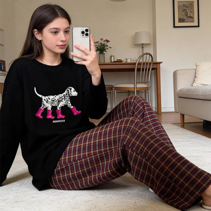 Bottes noires à manches longues avec pantalon à carreaux violet