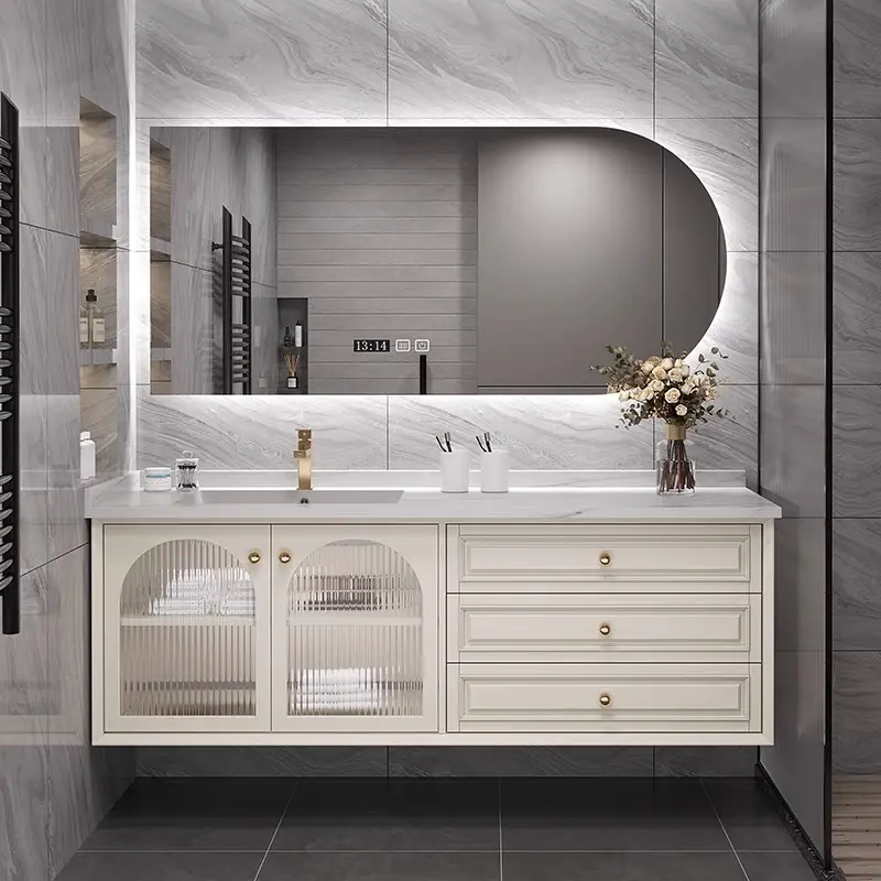 Großhandel Hersteller Luxus Design Massivholz Schrank Schwarz Walnuss Led Smart Spiegel Badezimmer Waschtisch Set Einzel waschbecken