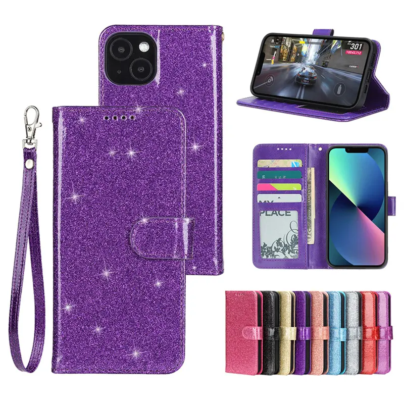 Fundas de teléfono brillantes con purpurina de lujo, Funda de cuero para móvil para iPhone 15 14 Plus 13 12 11 Pro Max X XR, funda con tapa