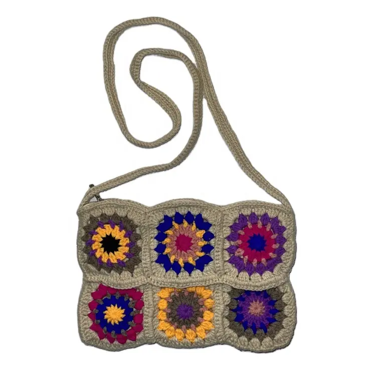 Bolso de ganchillo cuadrado de punto colorido para mujer, bolsa de retazos de flores, colorido, bohemio, personalizado de fábrica, nueva moda