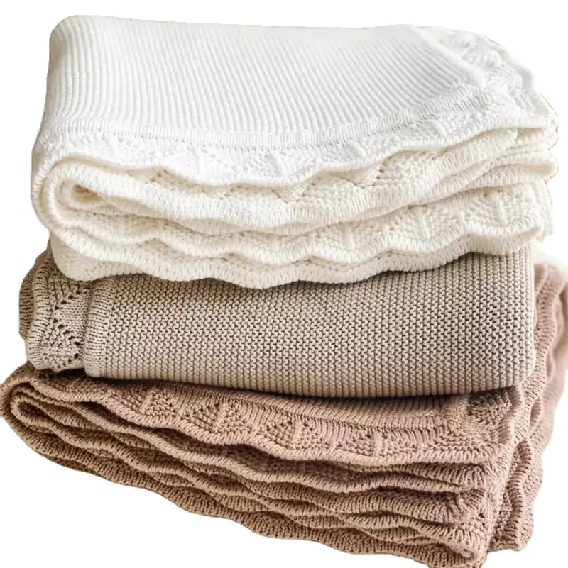 2023 Comercio al por mayor de invierno personalizado Super suave Lovey Plain Hollow Cotton Crochet Baby Knit Throw Manta para as