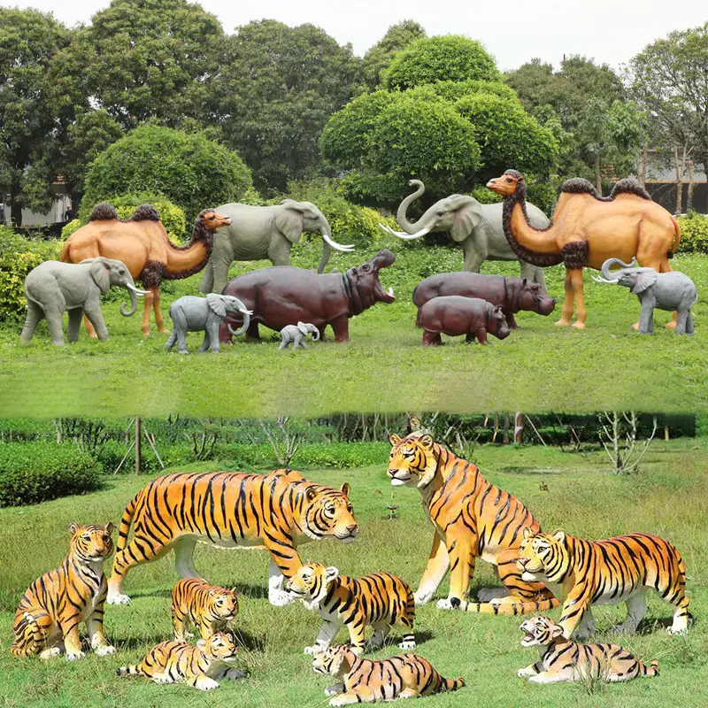 Oggetti artigianali in resina in fibra di vetro a grandezza naturale cartone animato safari animale elefante giraffa tigre ippopotamo cammello sculture statue per la decorazione del giardino