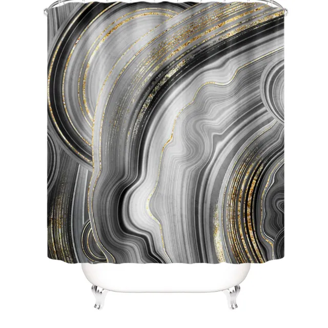 Black Elegant Marble Design Bathroom Decorative Set Bath Mat Toilet Mat Waterproof Polyester Shower Curtains