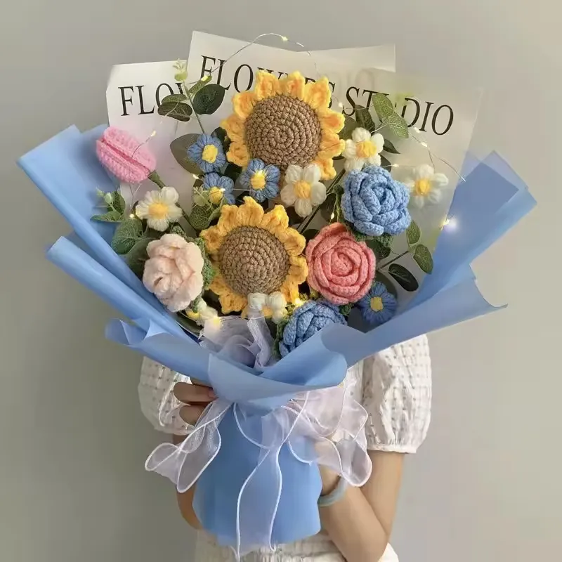 New creative gifts product handmade Knitting large bouquet Flowers wool cotton Crochet Flowers for wedding birthday gifts