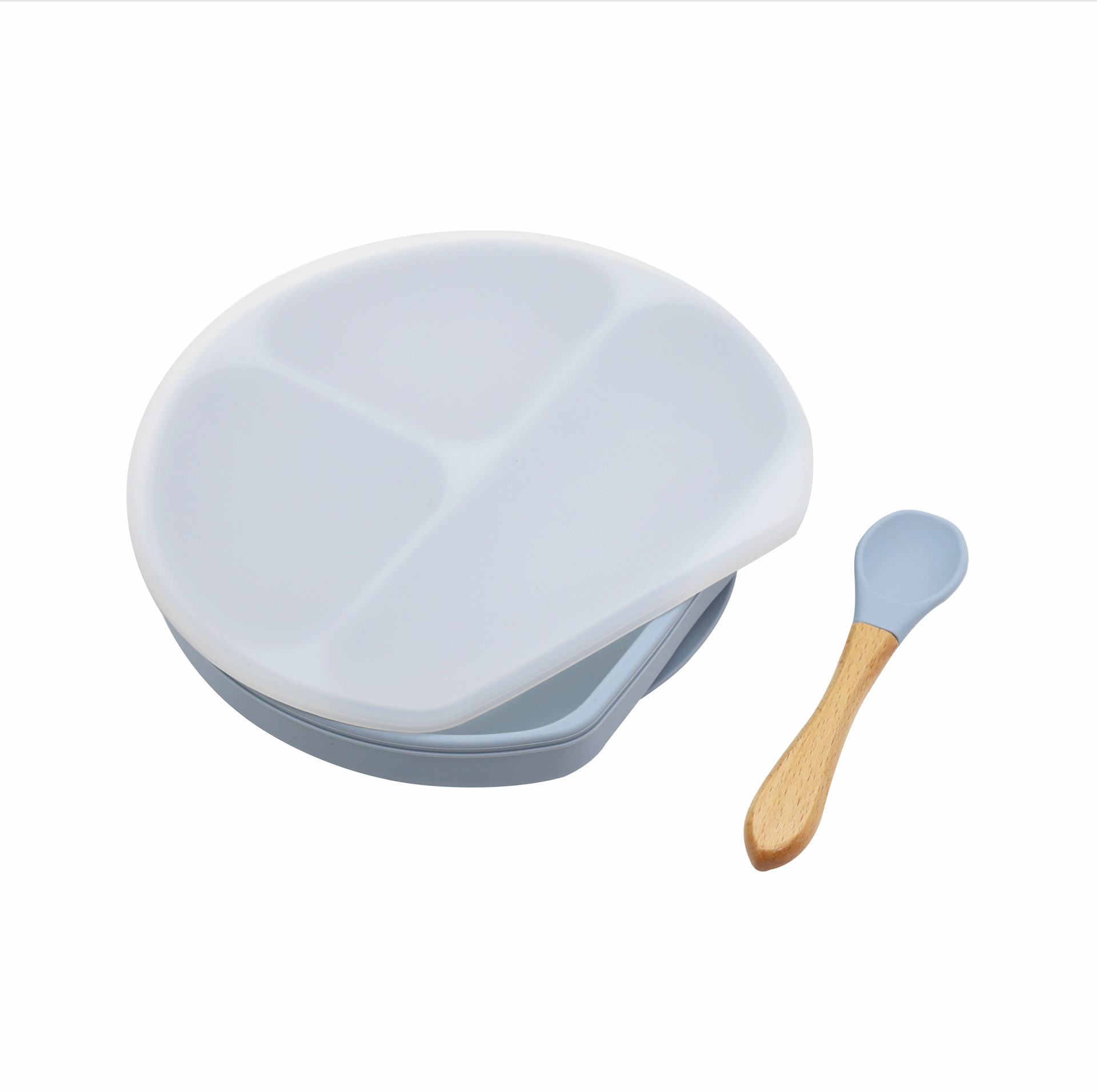 Couvercle de plat, cuillère, orange et bleu.