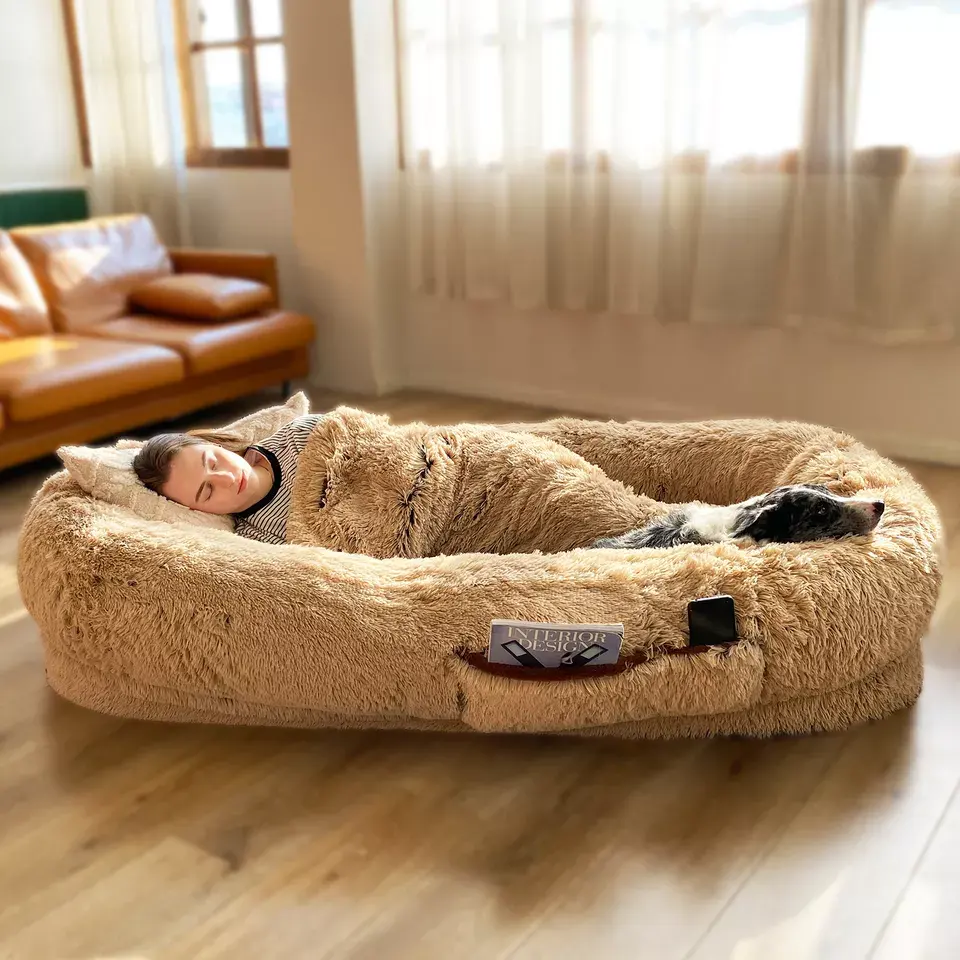 थोक लक्जरी कृत्रिम शराबी मेमोरी फोम बड़ा कुत्ता बिस्तर मानव आकार हटाने योग्य धोने योग्य कवर के साथ मानव कुत्ता बिस्तर