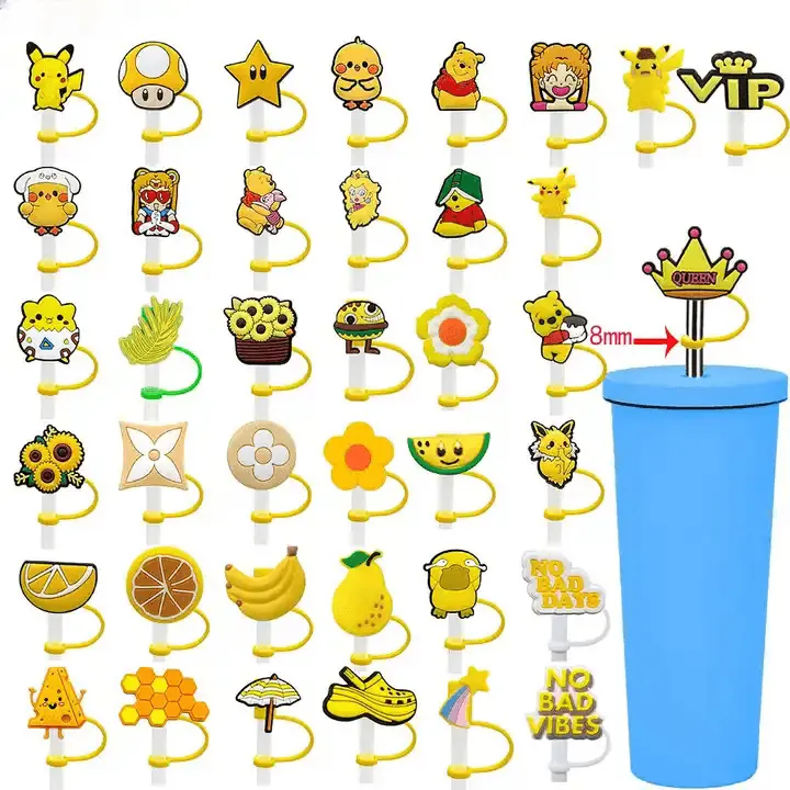 Topper de palha de borracha para férias, amuletos de hambúrguer Pikachu de flores de 8 mm, reutilizáveis por atacado, topper de palha amarelo