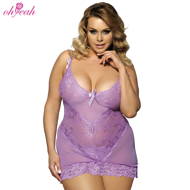 Ropa de dormir de encaje de malla bordada Babydoll ropa de dormir púrpura Lencería mujer de talla grande chica gorda 2 piezas Lencería 6xl 4xl 5xl delgada