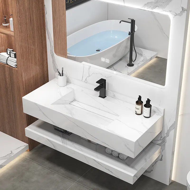 Lavabo de superficie sólida de mármol flotante doble moderno, lavabo integrado Rectangular para baño de Hotel