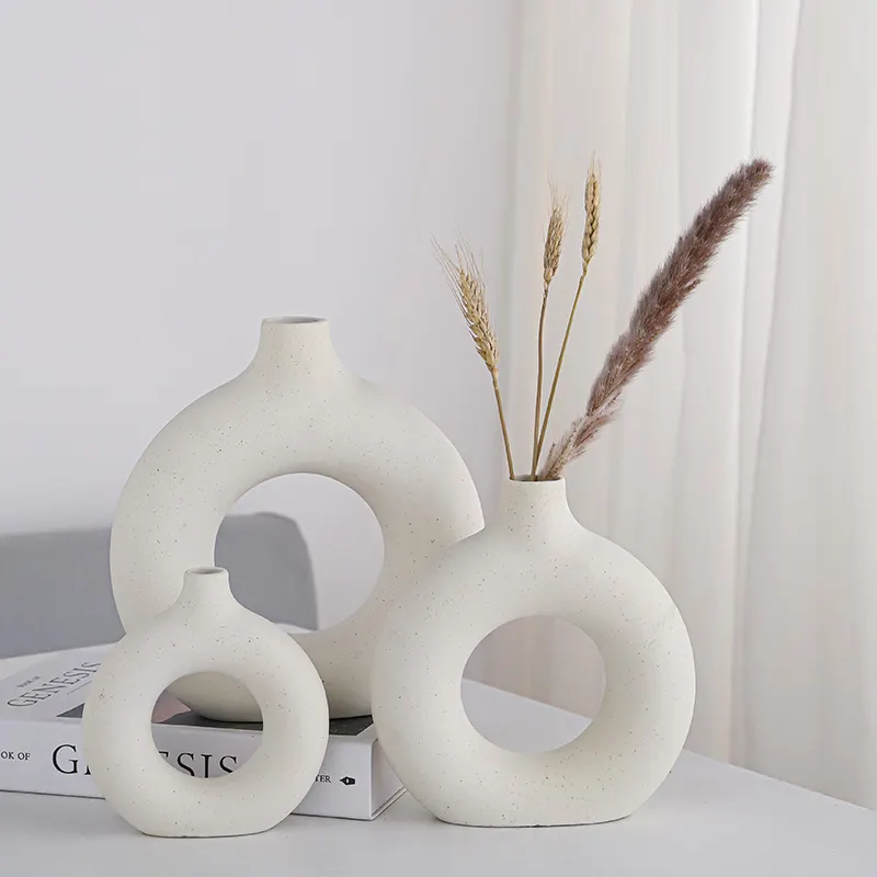 Vase à donuts en céramique nordique populaire, Pot de fleur séchée, accessoires de décoration pour la maison, le bureau, le salon