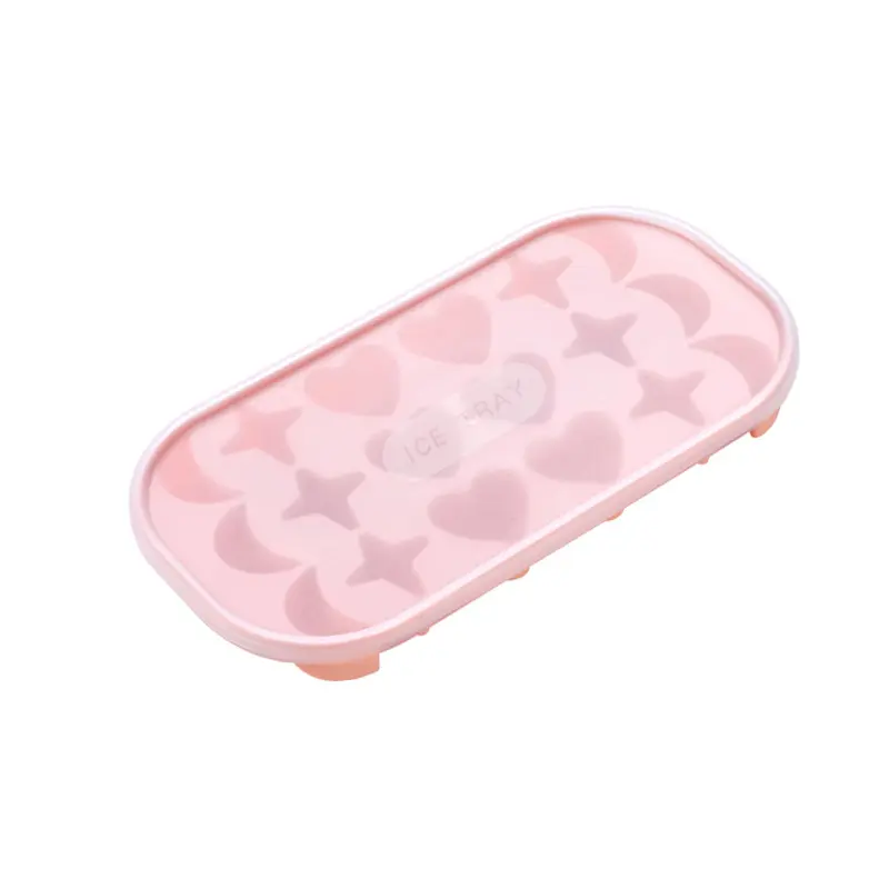 Nuevo diseño logotipo personalizado caja de silicona de grado alimenticio para el hogar 18 rejillas bandeja de cubitos de hielo Luna estrella molde en forma de corazón con cubierta