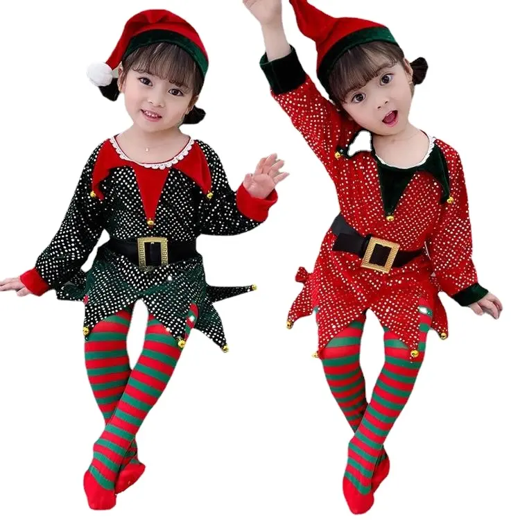 Рождественская одежда для детей, платья для девочек; Красный и зеленый эльфийский Рождественский костюм для малышей и младенцев