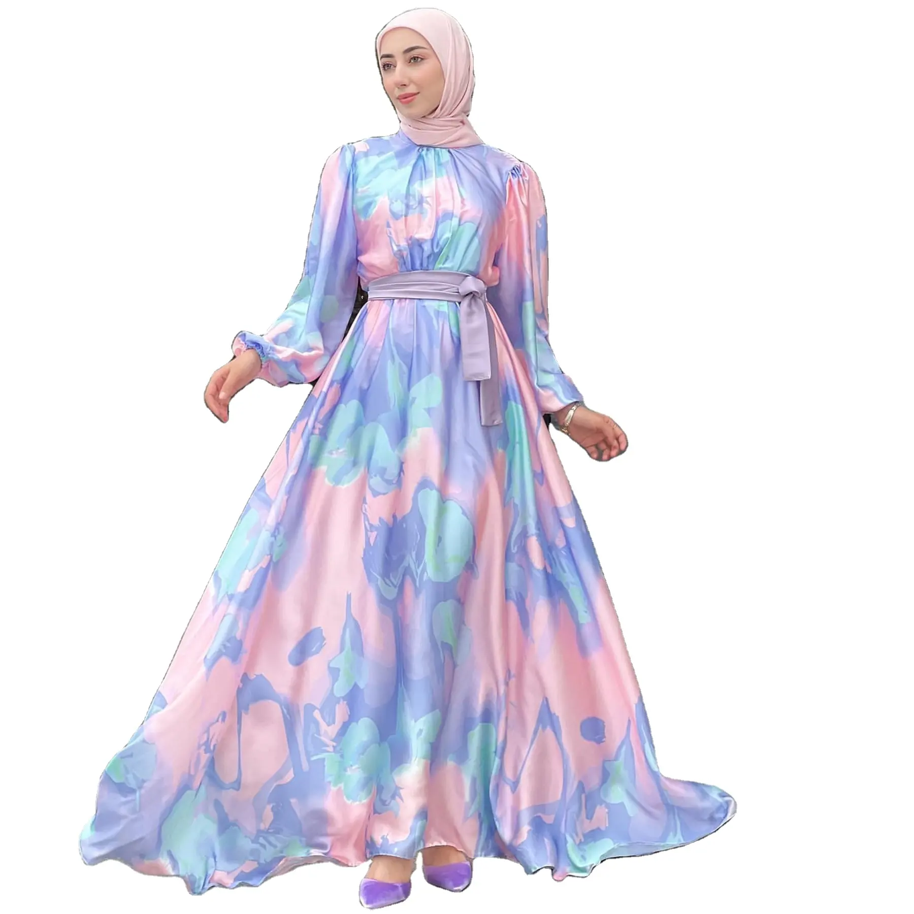 2024 Дубай, американское Европейское скромное модное платье с цветочным принтом, мусульманское Макси-платье с длинным рукавом для женщин