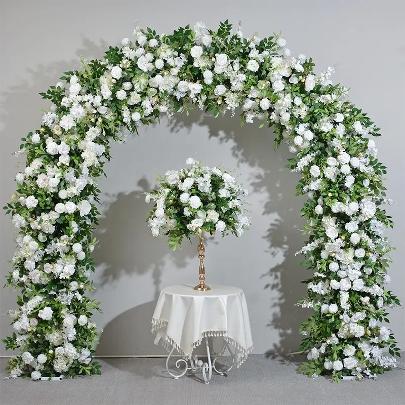 ซุ้มดอกไม้จำลองสำหรับตกแต่งงานแต่งงานที่กลางโต๊ะดอกไม้ประดิษฐ์สีเขียวสำหรับตกแต่งงานแต่งงาน