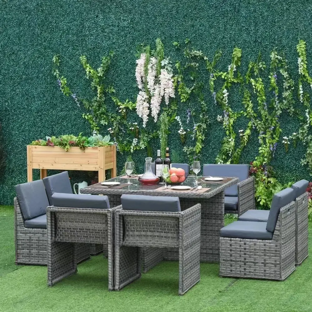 Modern 9-Piece Outdoor Furniture Set Garden Patio Rattan Chair and Rectangular Dining Table for Dining Al Fresco