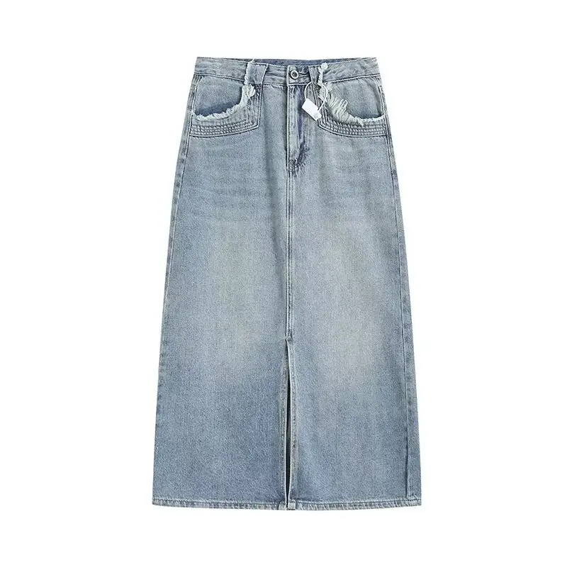 Taop & za 2024 primavera e verão nova saia jeans midi versátil bolso borda crua cintura alta saia jeans dividida frontal