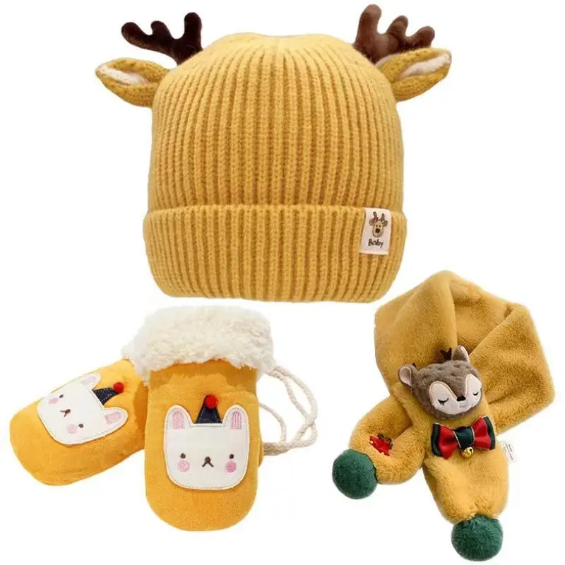 Sıcak satış noel hediyesi örgü çocuklar eşarp çocuk bebek bere şapka eşarp eldiven polar astar ile kış şapka setleri