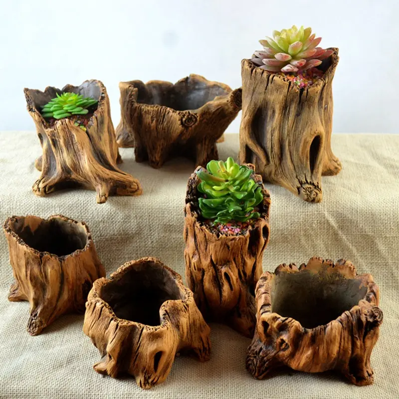 Driftwood fioriera creativa Vintage imita il contenitore per vasi da fiori in cemento di legno per la decorazione del tavolo dell'ufficio