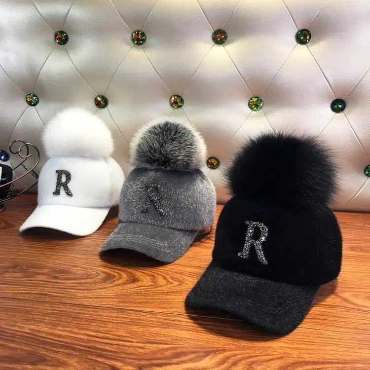 Gorra de béisbol con letras y Pompón para mujer, gorro de béisbol con estampado de diamantes de imitación, estilo Hip Hop, Bola de pelo, informal, para primavera y verano