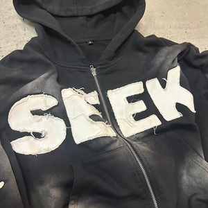 OEM özel sokak tarzı sıkıntılı ham kesim tüm ekran baskılı asit yıkanmış Vintage erkek fermuarlı kapüşonlu eşofman üstü - Product Image 5