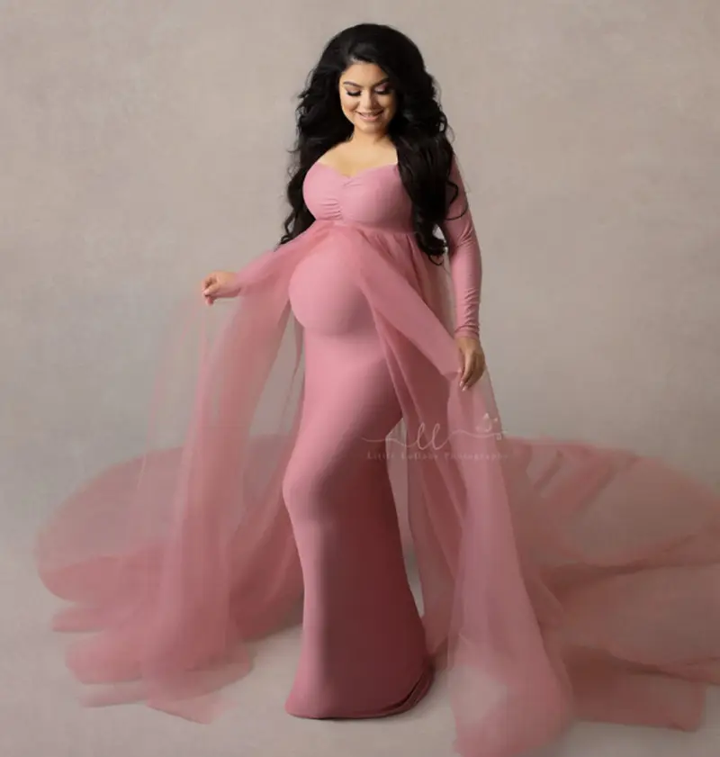 Vestido longo de maternidade, manga longa vestidos para mulheres grávidas vestido de renda fotografia traje vestido elegante