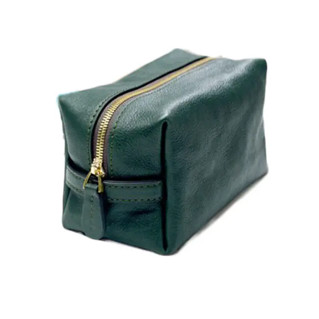 Luxury deluxe green zipper soft genuine leather toiletry bag make up brush pouch faux leather cosmetic bags for unisex