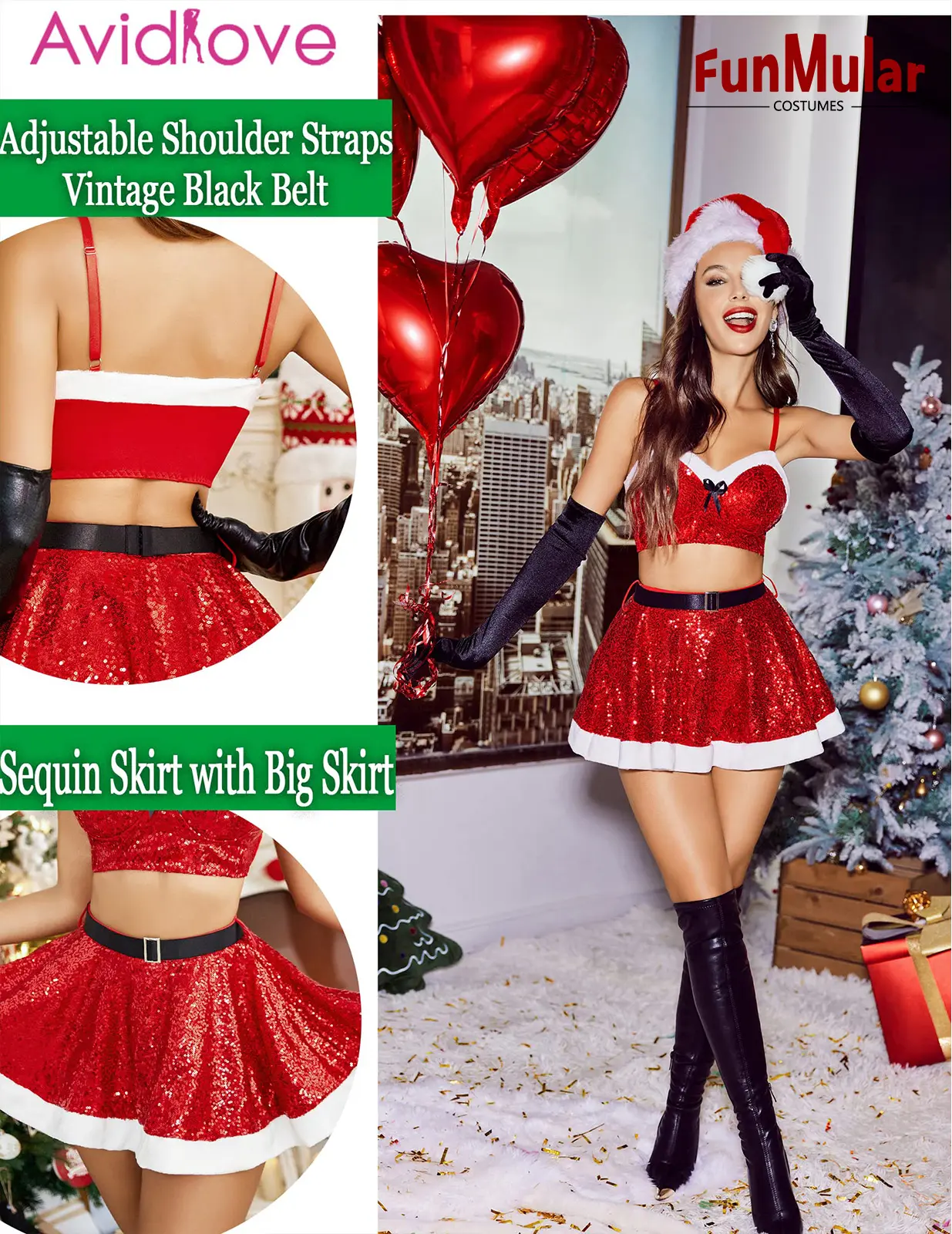 Funmular Womens Giáng Sinh Đồ Lót Đặt Santa Đồ Lót Sequin Trang Phục Chemise Ngủ