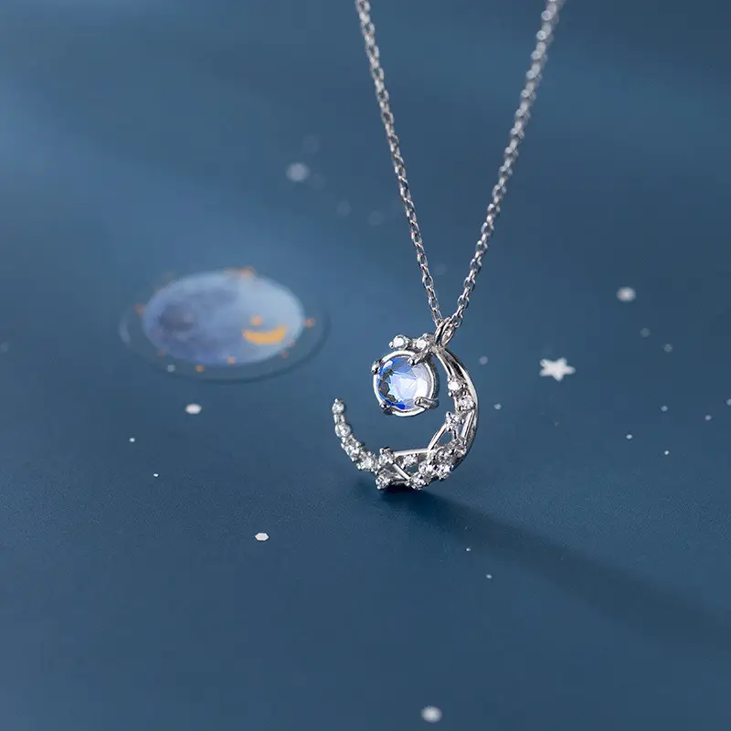 Kalung Liontin Bulan Sabit untuk Wanita, Kalung Liontin Kristal Bulat Halus Perak Murni 925