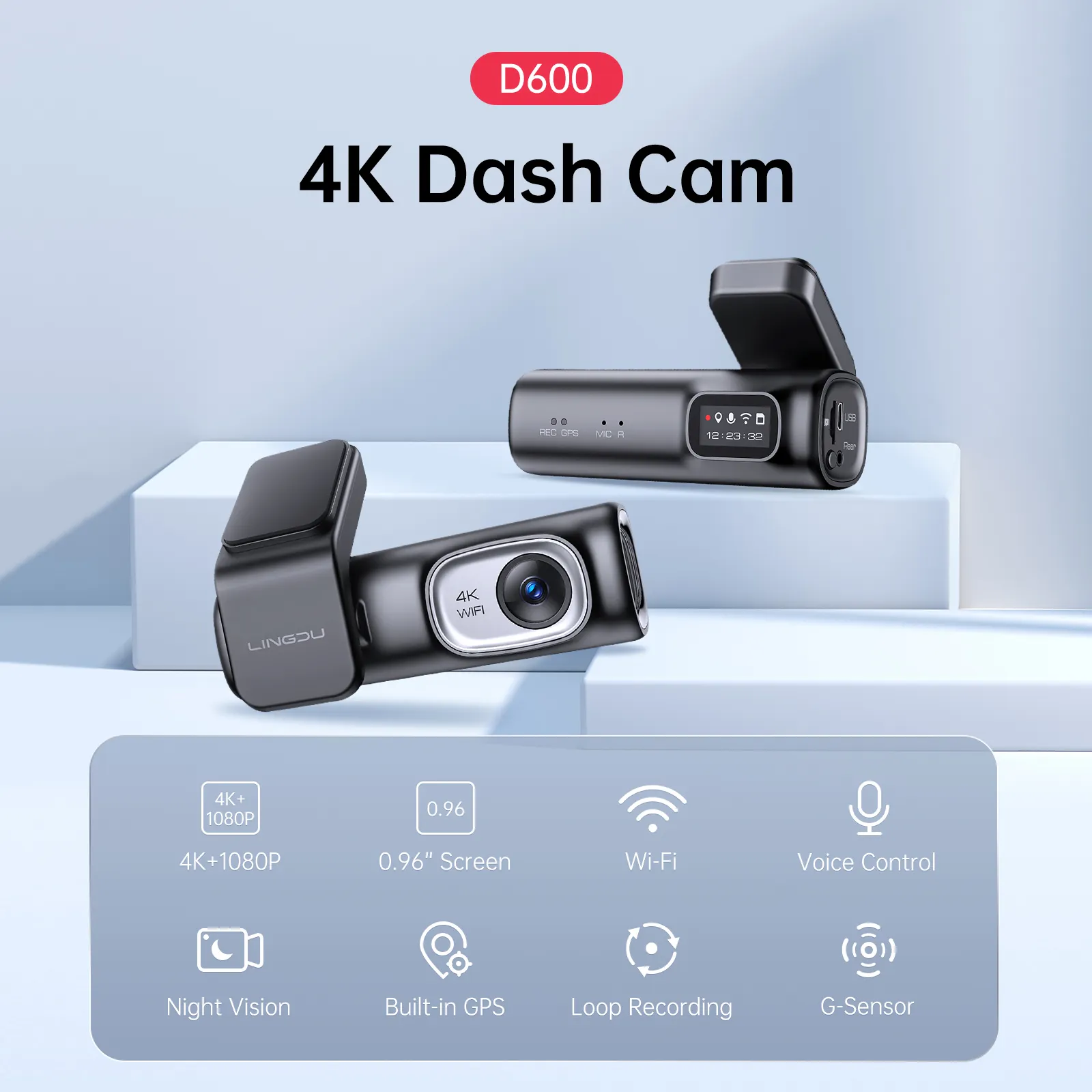 LINGDU D600 4K 0.96'' Screen Built in GPS 5G Wi-Fi Motion Detection Dashcamera Car Dashcam 24 Hours Parking Monitor Dash Cam