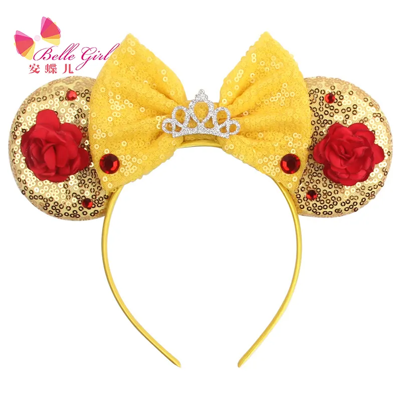 Belleworld Diadema con orejas de ratón y lentejuelas completas, diadema con lazos de flores rosas para niños, tocados de fiesta de Cosplay, accesorios para el cabello