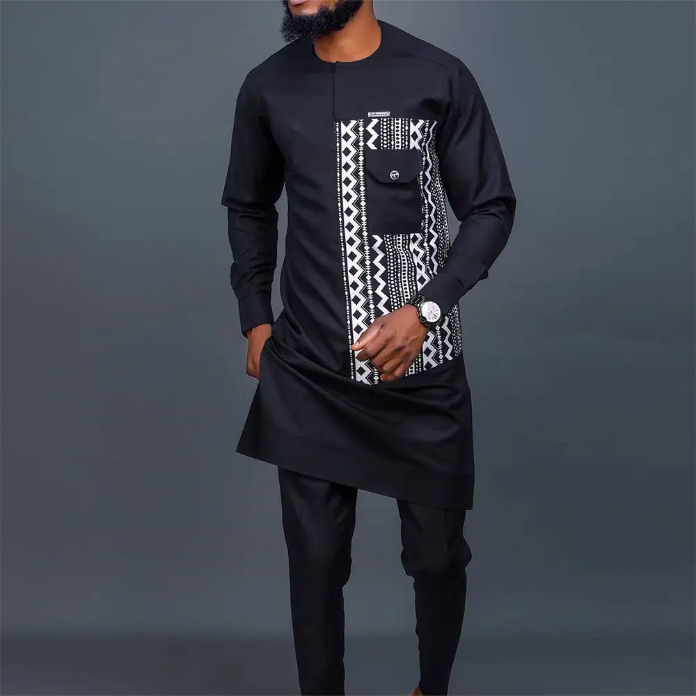 Dashiki conjunto de manga longa masculino africano, 2 peças tradicional para homens, listrado, camisa e calças, preto (M-4XL)