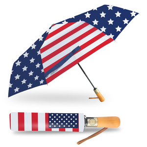 Phong cách mới USA cờ in thiết kế gấp ô biểu tượng tùy chỉnh Windproof chất lượng tốt gỗ <span class=keywords><strong>handlem</strong></span> tự động điều khiển ô dù - Product Image 1